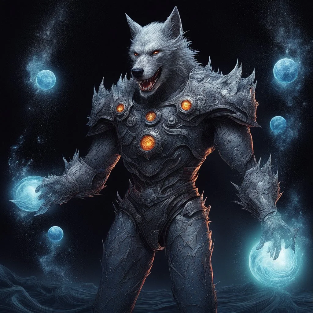 A terrifying creature combining water and sun with the powers of a werewolf and Dracula A battle suit made of galaxies and stars with a glove that has seven endless stones