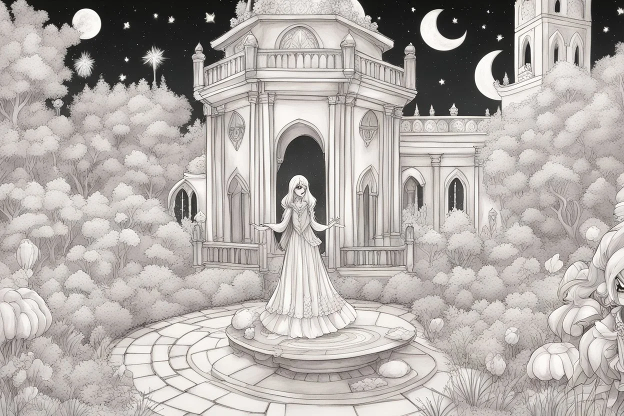 at night in the garden of the Palace of Good and Evil by artist "Tittynope"