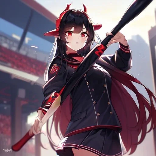 Clear focus,High resolution, Black long hair, Red eyes, Red horns, Wearing a black and red sailor uniform, Swinging a baseball bat