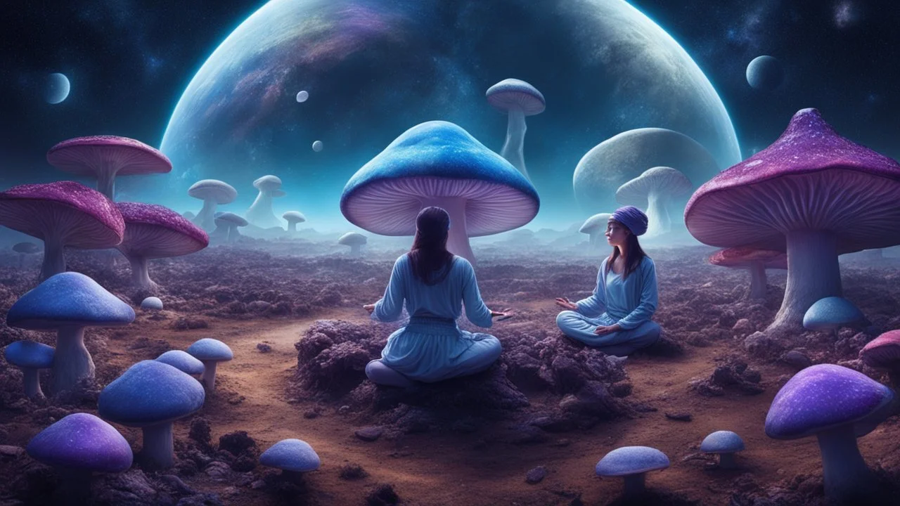 beautiful women sitting without bro meditating on blue, purple mushroom in space, vegetable plantations in domes, colonization of the planet,