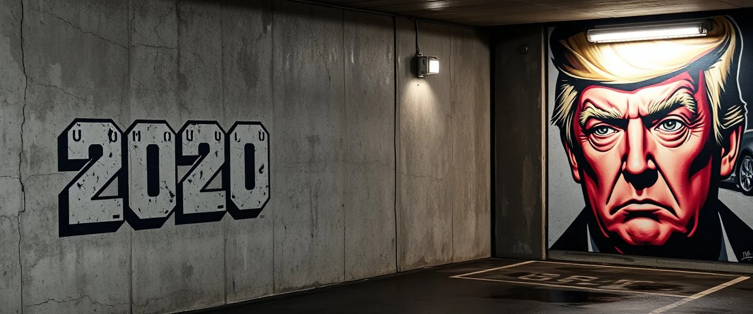 background of wall(wet textured concrete, gray, old, cracked, stained, 1 wall light) from underground parking, german style, a large blocky upside down "2020" painted on left(old faded paint), cyberpunk, to the right a larger mural(face cropped above nose, scornful, staring, trump, from 1984)