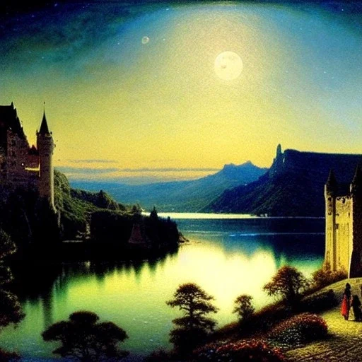 Drawing of 'Medieval German Castle',mountain,lake,full moon, by gaston bussiere, greg rutkowski, yoji shinkawa, yoshitaka amano, tsutomu nihei, donato giancola, tim hildebrandt,oil on canvas, cinematic composition, extreme detail,fit full head inside picture,16k