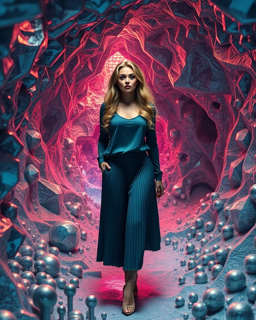 make a picture pretty cave made of crystal and metallic 3d fractal recursive cubic and sphere base structures and a beautiful fashion model lady with cute,with dark cyan decholte top and pretty pleated midi skirt,siver,curvy long hair,makeup, she walks in cave ,dynamic camera fallow her inside cave capturing full body, dynamic lights.