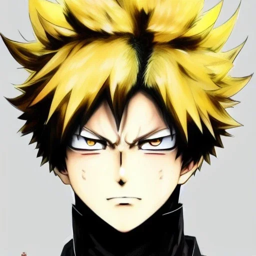 Detailed anime portrait of bakugo from my hero academia, gold hair and golden eyes, black suit, intricate details, full body portrait, keep head in frame, slight smile, black Japanese motif, concept art, highly detailed, digital painting, concept art, sharp focus, illustration, art by Yoji Shinkawa, WLOP and greg rutkowski and alphonse mucha and artgerm and yanjun Chen and Junji ito and Makoto Shinkai, HDR, octane render