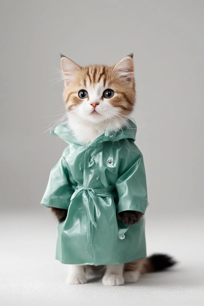 baby cat in raincoat. Chibi, Photograph, Canon DSLR, Tilt - shift, white background, high definition, Complete and coordinated composition, 8k