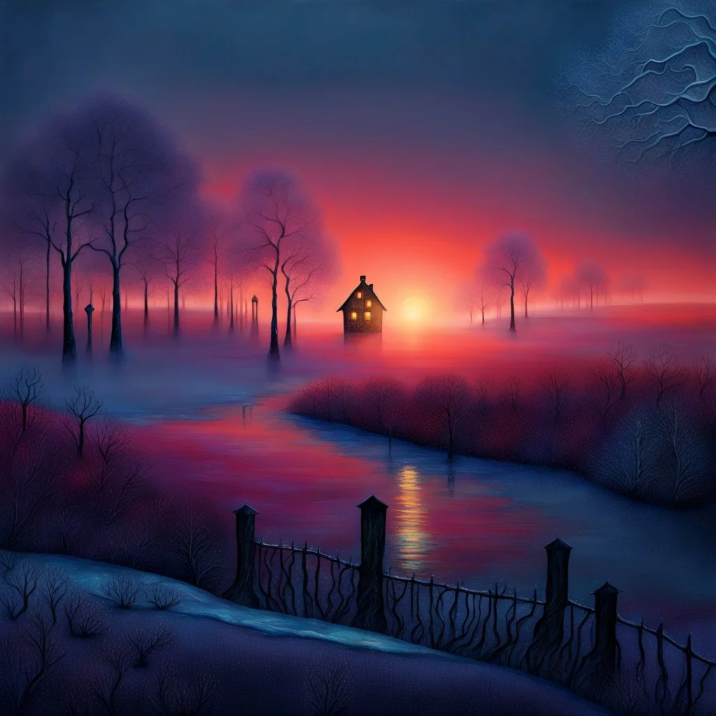 Grunge textured abstract impasto mixed media painting with dripping paint, fantastical otherworldly frozen winterscape with iridescent metallic colors, silver lines, style Amanda Clarke, Andy Kehoe, Feininger, Klimt, Klee. Reflective frozen pond, surrounded by whimsical, filigree, impressive frosted trees standing tall between extraordinary storybook houses; tendrils, grasses, cattails. Dramatic sky with stormy clouds. with mercury glass patina, glowing golden sparks, vibrant iridescent colours,