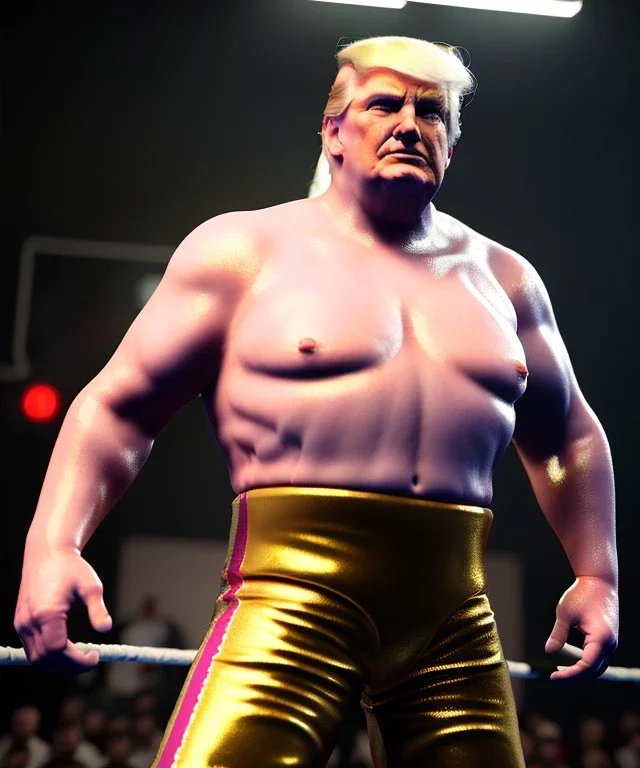 Donald trump wrestler, wrestling, lights cam, suspenders, retro style, 80s, hot ambient, photo studio, gold, vibrant color, gradient, highly detailed, art stations, concept art, smooth, unreal engine 5, god rays, ray tracing, RTX, lumen lighting, ultra detail, volumetric lighting, 3d, finely drawn, high definition, high resolution.