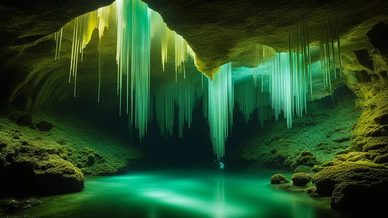 A vast underground cavern filled with enormous crystals that emit a soft, pulsating light. A subterranean river winds through the cavern, its waters sparkling with bioluminescent algae, while iridescent fish swim gracefully within. Award-winning photograph, 80mm focal length, rule of thirds.