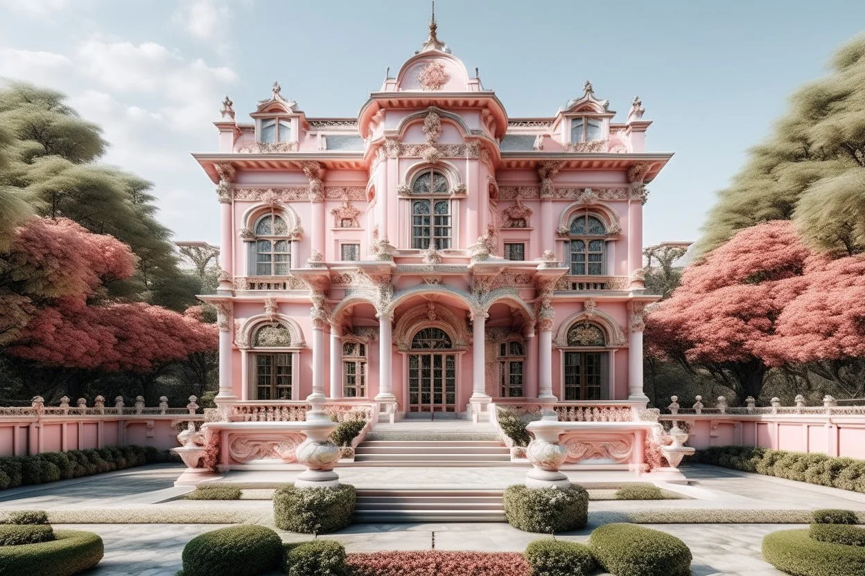 A light pink Valentine's themed palace with a rose garden painted by Hashimoto Gaho