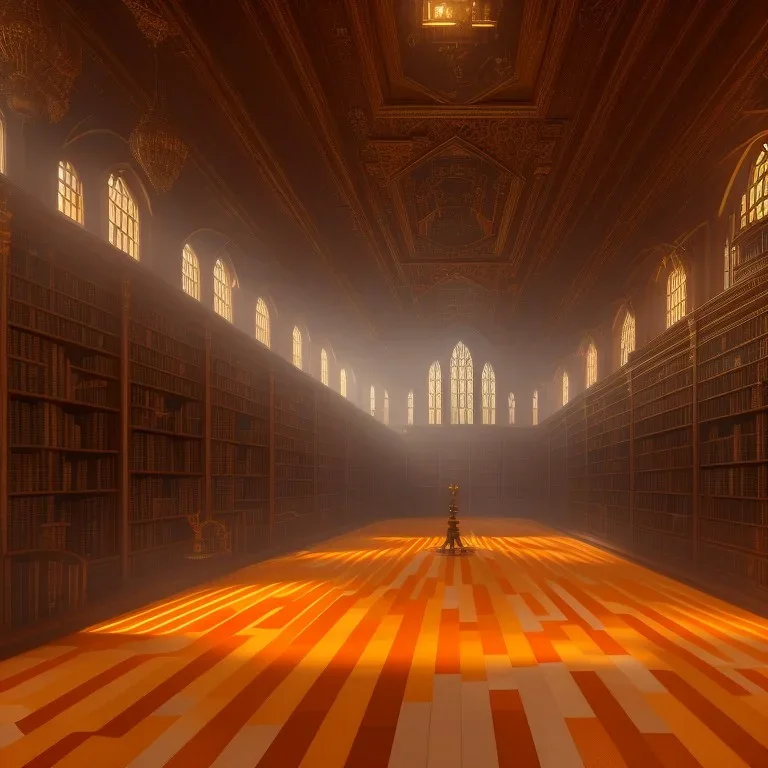 inside of a mystery dark gothic museum library, dystopic, millions of books, labyrintic architecture, orange color scheme, high key lighting, volumetric light high details with white stripes and feathers unreal 5, octane render, cinema4d, dynamic lighting, dramatic lighting, 4k, redshift render, highly detailed, hyper realistic, sunset, Stephan Eicher