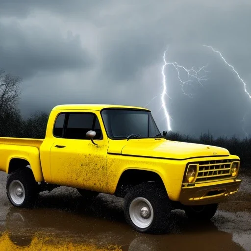 hyperrealistic shot, fast moving 4x4 yellow truck, monotone color palette, sharp focus, puddle reflec1tion, tire mud splashes, refraction, mist on the horizon, thunder and lightning, overcast shadow, detailed and intricate, cinematic composition, 8k, micro, tilt shift photography, bokeh