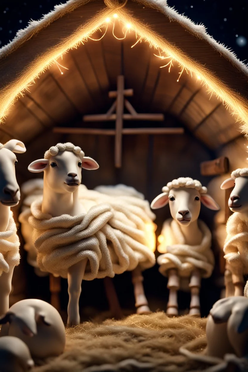 Christmas manger. Baby Jesus in the sheep manger. Joseph and Mary are standing around and the shepherds bow their heads before them. Super realistic image. High quality image in 8K