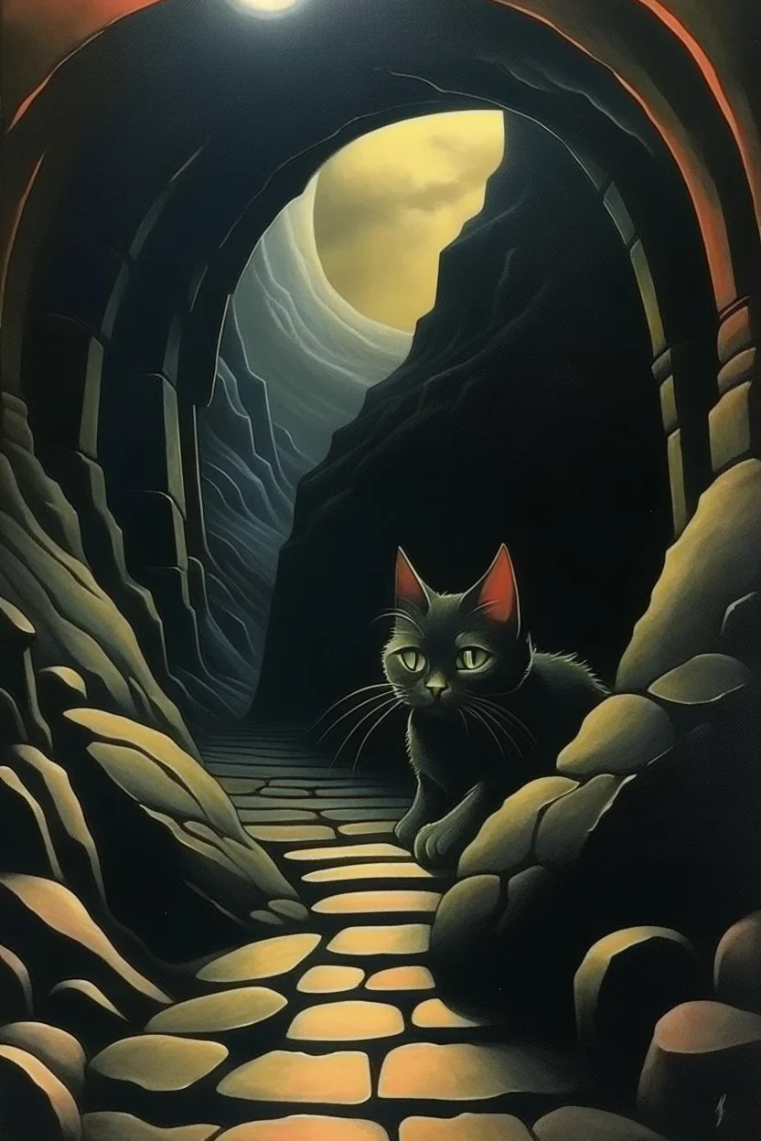 1970's dark fantasy cover dungeons and dragons style painting of a cat with minimalist far perspective