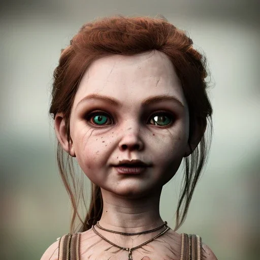 analog style, Celtic goddes, portrait, simmetric eyes, ambient, chucky wearing outfit, ultra realistic photo