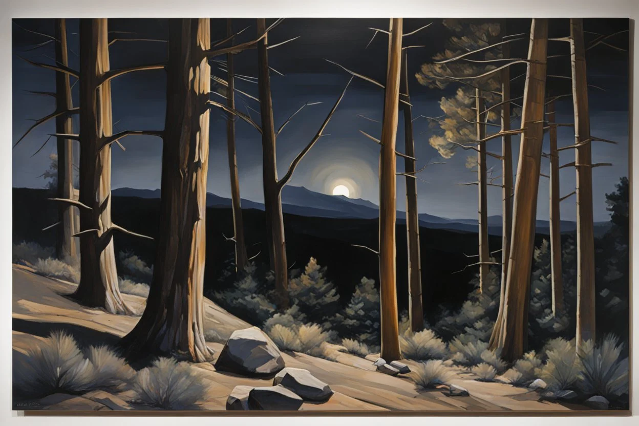 Night, trees, mountains, rocks, richard estes paintings