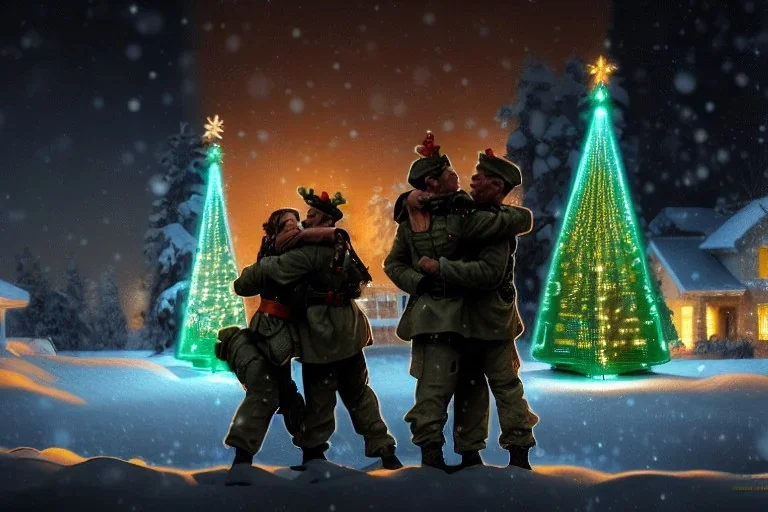 "close up on modern soldier hug each other in a beautiful Christmas night,Christmas house,fireplaceChristmas tree,gift,Christmas gift, Christmas decorations,Christmas tree" 8k resolution concept art by Greg Rutkowski dynamic lighting hyperdetailed intricately detailed Splash art trending on Artstation triadic colors Unreal Engine 5 volumetric lighting Alphonse Mucha WLOP Jordan Grimmer orange and teal"