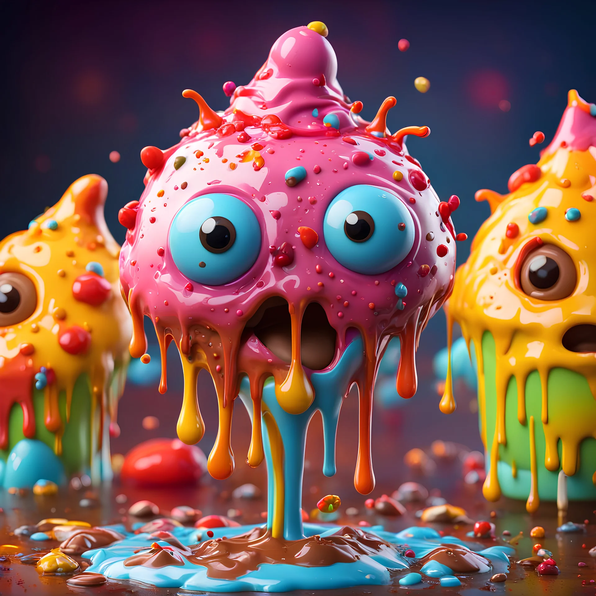 A cute adorable dripping gooey ice-cream monster, playful, vibrant colours, chocolate sprinkles, 3d render, hyper detailed, Z brush, cgi, Pixar 3D cartoon art, jelly texture, art by dr seuss, fun scary, animated realism, cartooncore, creative lighting, blender, artstation trending, unreal engine, octane render, digital art, wonky eyes, melting body, drizzled with toppings