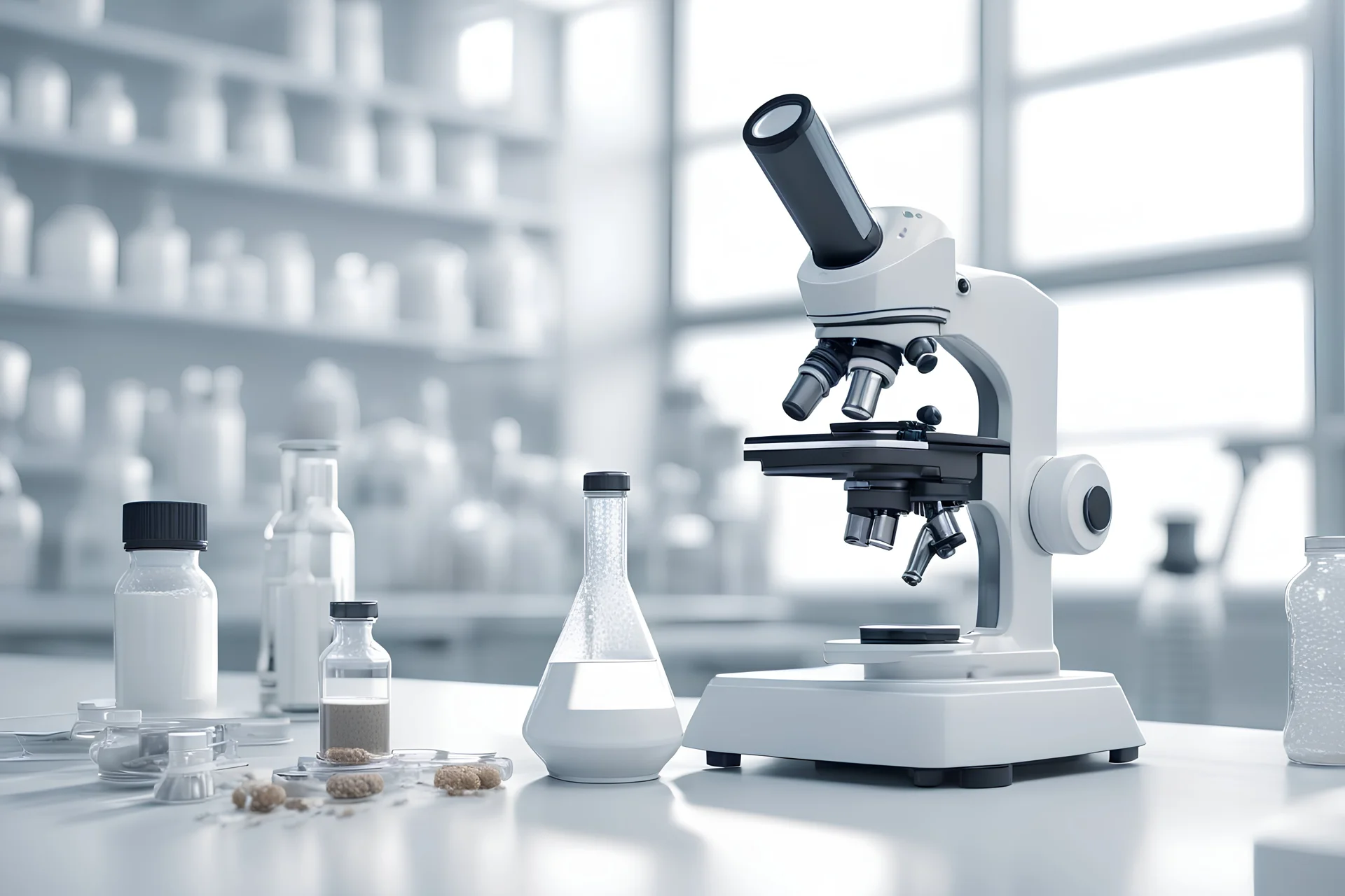 futuristic microscope and other laboratory gadgets on a bench , 16k, 3d rendering, expressively detailed, futuristic, cyberpunk, dynamic light, white, milk formula