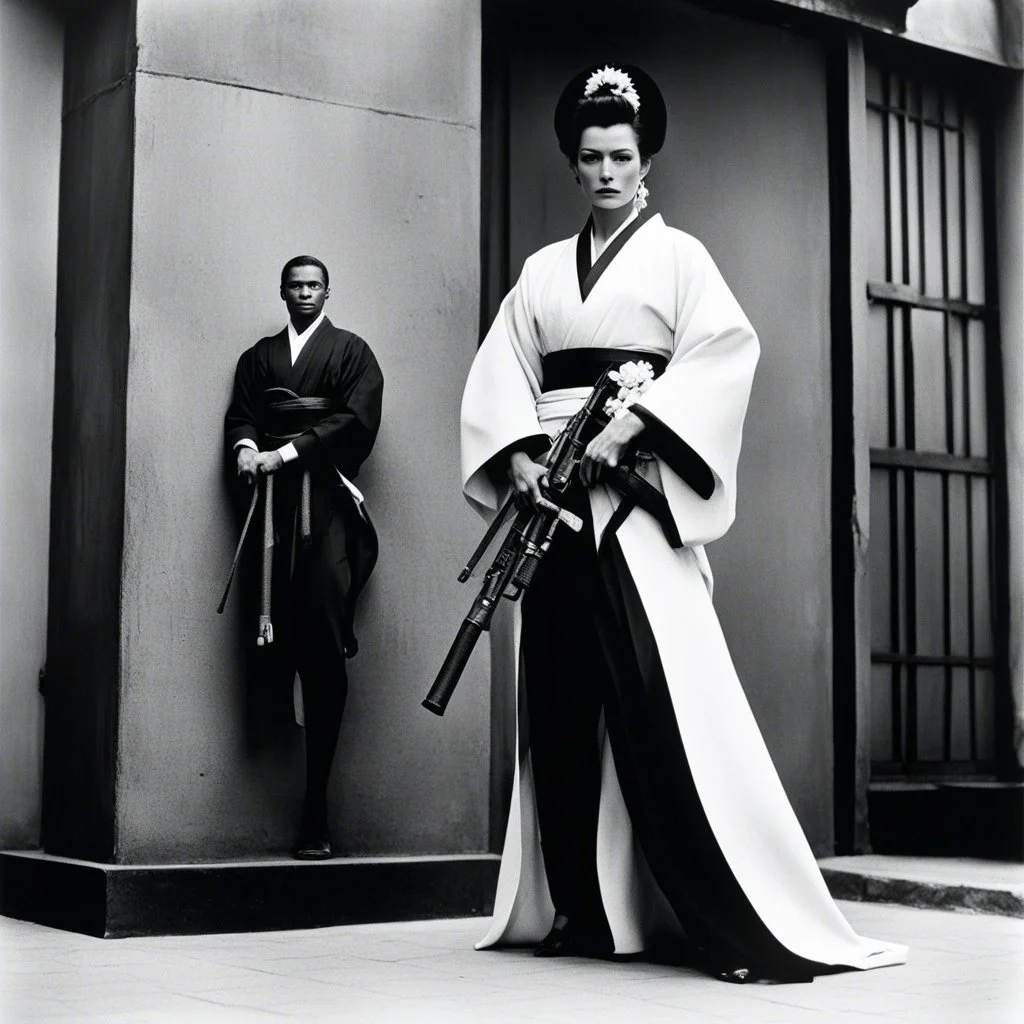 [photo by helmut newton] The guardian stands tall, Kimono turned combat gear, Beauty wields power. A weapon in each hand: Skillful hands at work,Firearm and blade in balance, Enforcer's resolve. Her strength emanates, Ancient grace meets modern might, she attacks