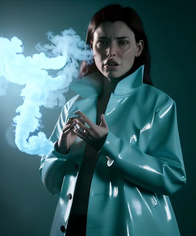 Ultra Realistic image, photo studio, medium shot view, a woman making the fuck off gesture with his hand, blue smoke coming out of his nose and mouth, happy. Latex inflatable coat, soft color, highly detailed, unreal engine 5, ray tracing, RTX, lumen lighting, ultra detail, volumetric lighting, finely drawn, high definition, high resolution.