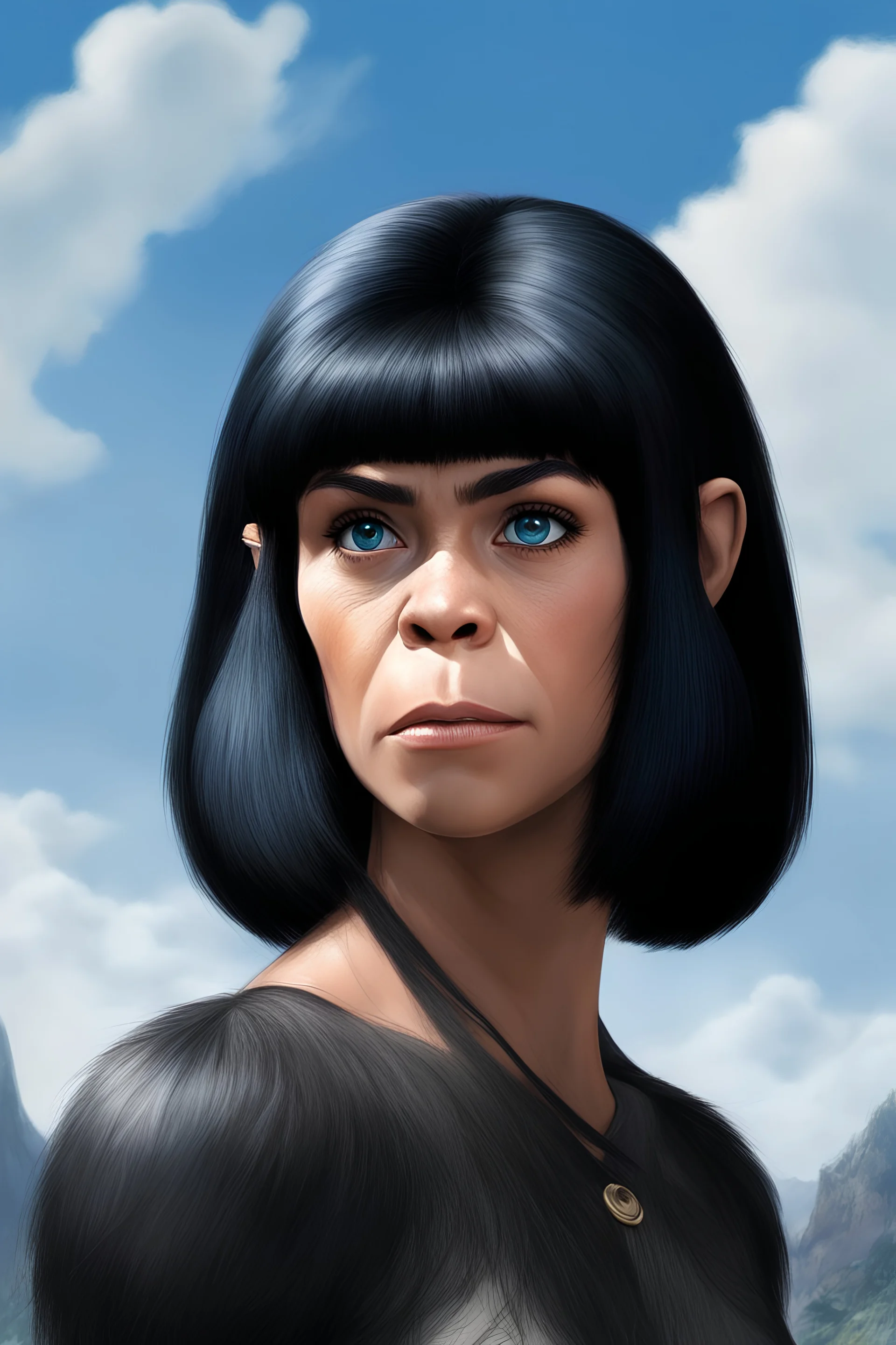 full body - Horror of the Planet of the Apes - black hair, Deep Blue Eyes - head and shoulders portrait - Lenna, part chimpanzee, part human, short, bowl-cut, straight black hair, the bangs cut straight across the forehead, she resembles a Zira from the Planet of the Apes, and she resembles Spock - Mountains, blue skies, clouds, red roses, blue roses, yellow roses, honeysuckle roses, carnations, lilacs, professional quality, 32k, UHD, glossy, 1080p, Extremely high resolution Digital photograph