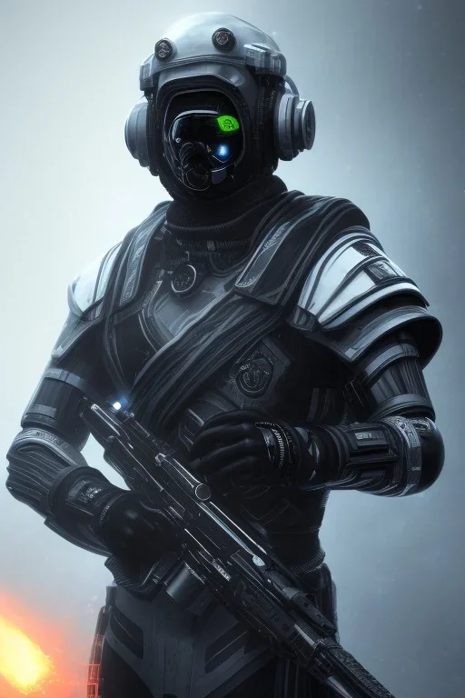 All Black Galactic soldier, wearing high tech mask, white smoke, dark, rage, sorrow, high definition, ultra 8 k, volumetric lighting, blue fire, fog