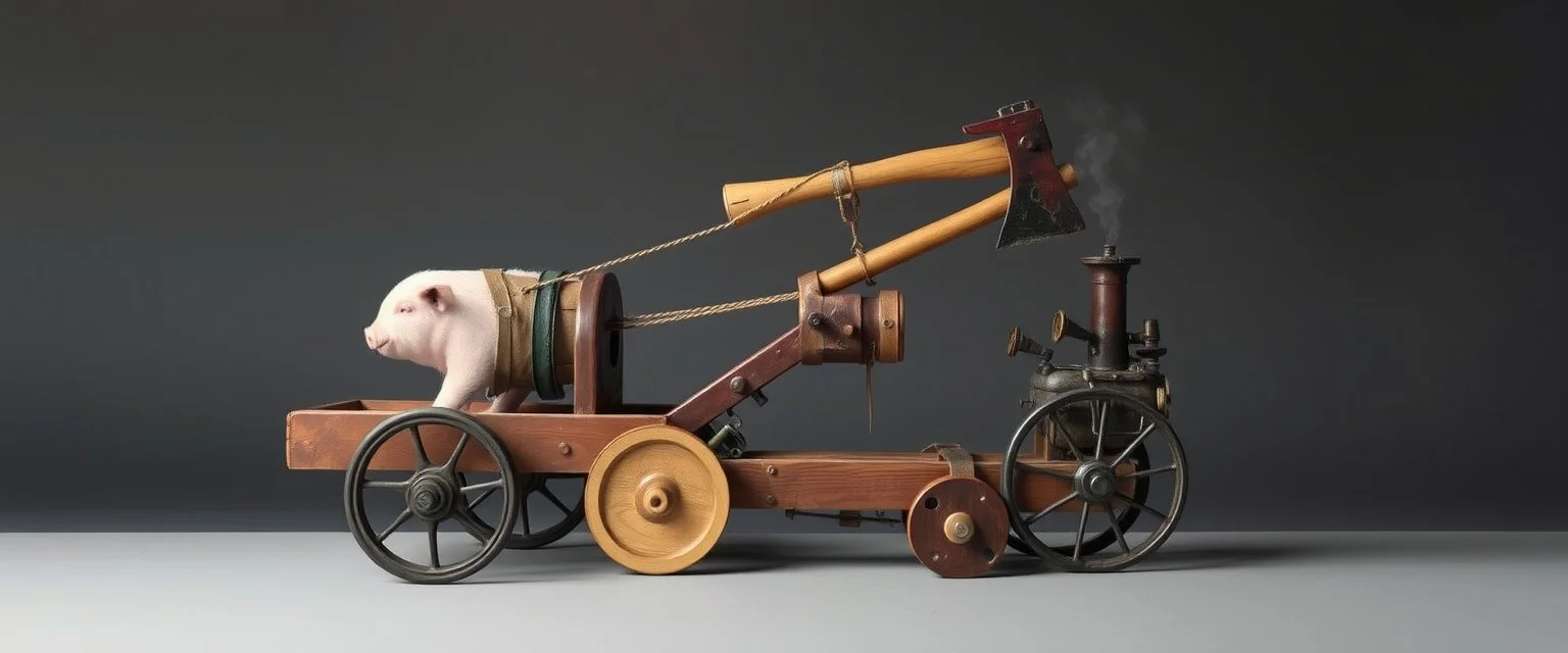The Lumb-O-Tron A jury-rigged combination of a cart, pulley system, and an axe designed to chop down trees. The motion is powered by {a pig on a leather treadmill spurred by a carrot on a stick | a crude stationary bicycle | a tiny steam engine heated by a red pseudodragon in the chamber}