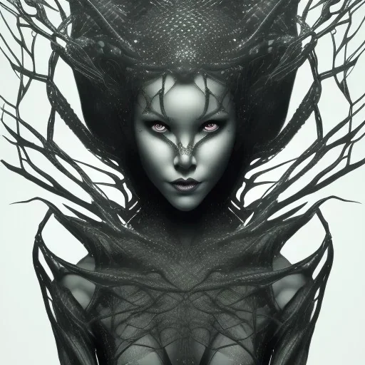 This spider woman is a formidable creature, with the body of a human woman and the head and legs of a spider. Her skin is covered in shimmering black scales, and her eyes glow a bright, otherworldly green. She is fast and agile, able to climb walls and ceilings with ease. She has venomous fangs and sharp claws, and she can spin webs of magical energy to ensnare her enemies. She is intelligent and cunning, and she is feared by all who encounter her in the realm of fantasy. She is often summoned b