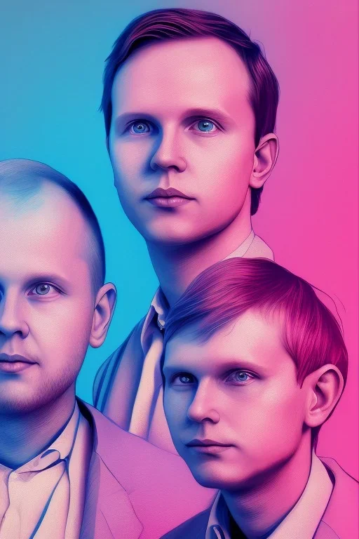 Portrait of Daniel Ek Spotify AND Matti Nykänen. colorful. pink.