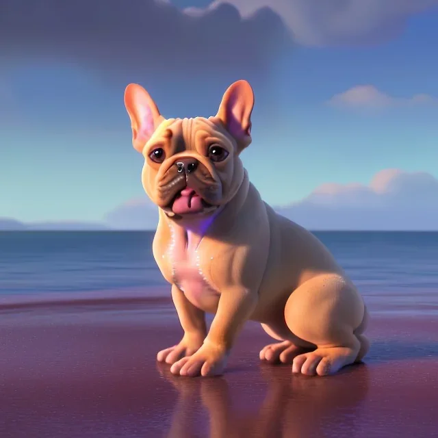 detailed illustration of a french bulldog muscles standing on the sand, french bulldog wallpaper, luminous body, sparkling body, full body, symmetrical body, realistic, luminous body, clear focus, carefully detailed, soft evening sky, muscular body, hulk body, a lot of muscles on the body, realistic body, beautiful dog, art picture, high resolution, powerful dog, chain around the neck, lots of muscles on the dog body, french bulldog in muscles, bodybuilder, muscles, 64k