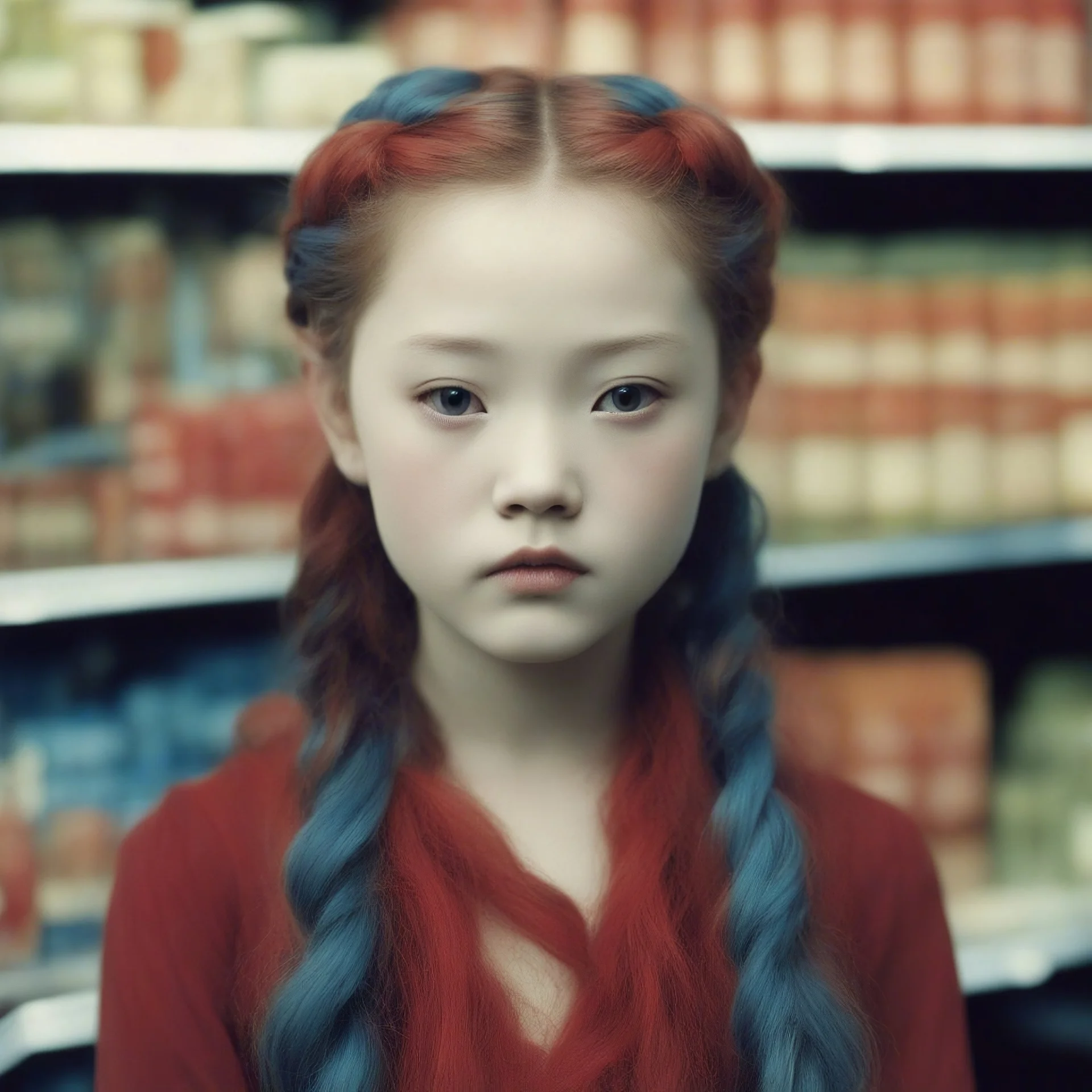 Old autochrome of devon aoki with red cheeks, strange blue braids. in a supermarket, in 1830