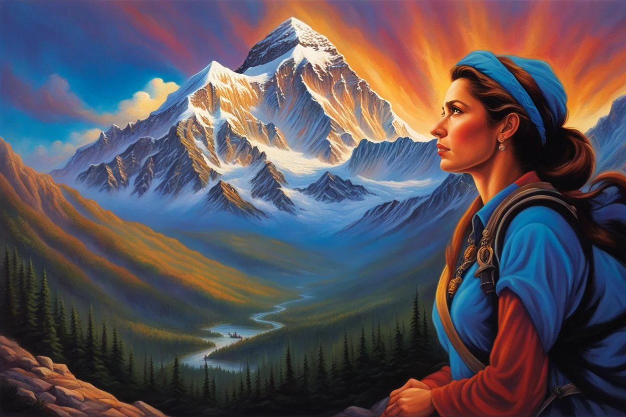 A woman having a beautiful dream standing on the top of Mount Everest painted by Jeff Easley. concept art, mid shot, intricately detailed, color depth, dramatic, 2/3 face angle, side light, colorful background