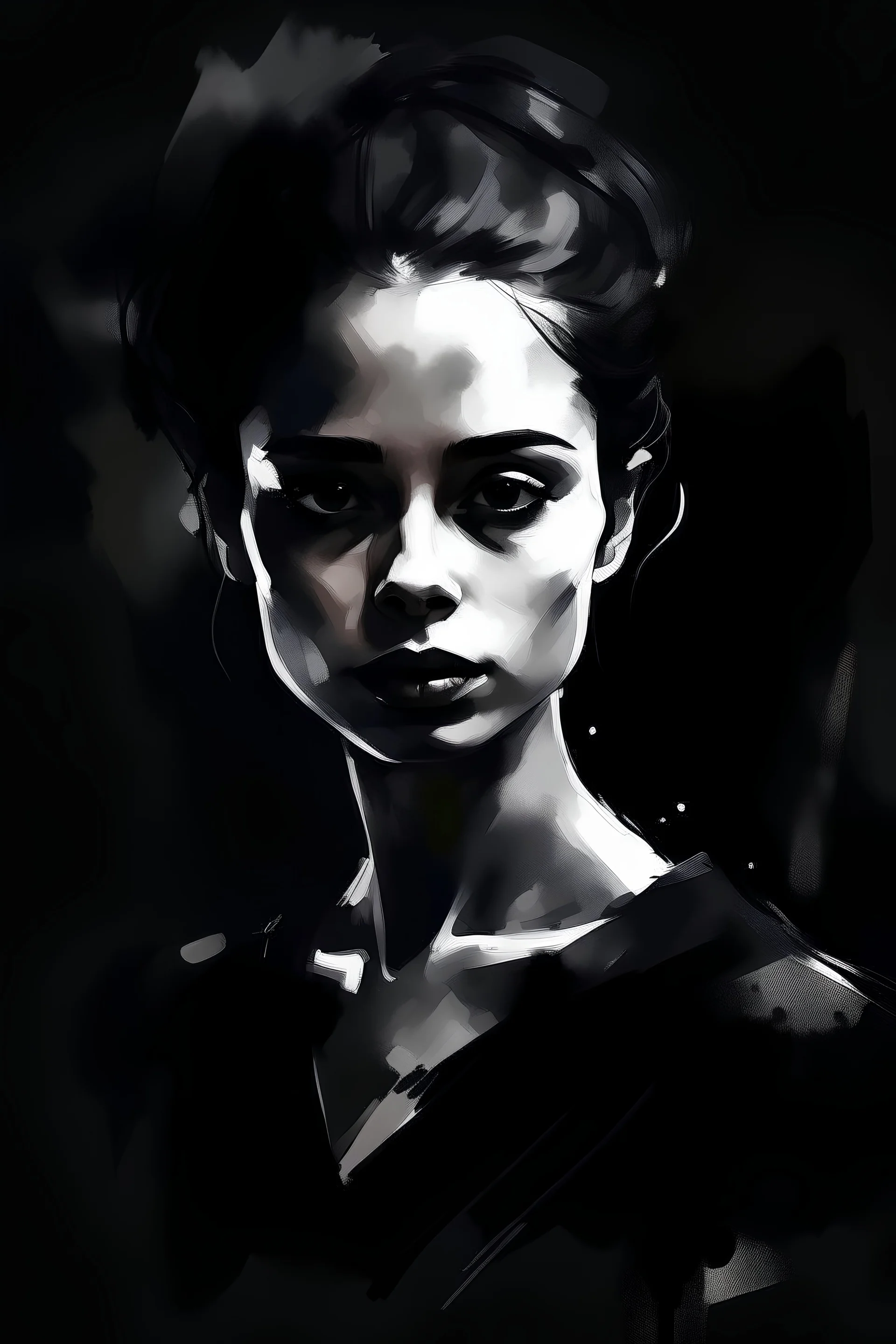 A atmospheric noir abstract portrait of a women. Look like a watercolor Black.