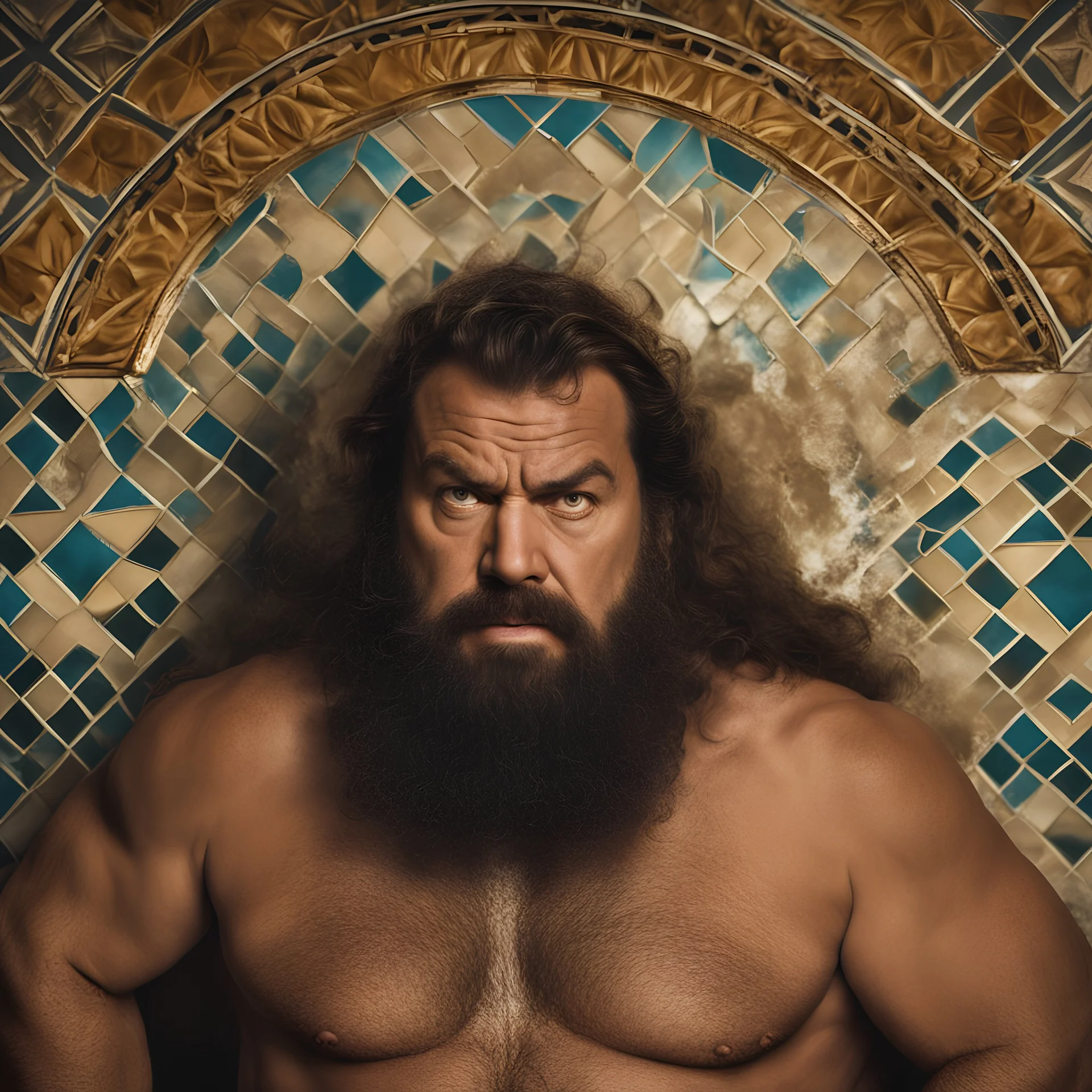 two ugly angry muscular chubby arab 40 years old similar to bud spencer, very detailed, full figure shot, very realistic photography, dim light, view from below, tiled restroom, tattoo, masculine bearded, mature barely burly bearded muscled and robust