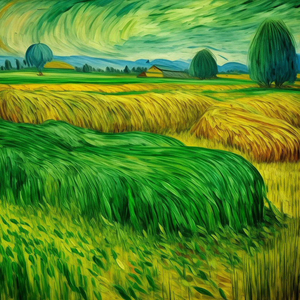 A green grassy plain filled with haystacks painted by Vincent van Gogh