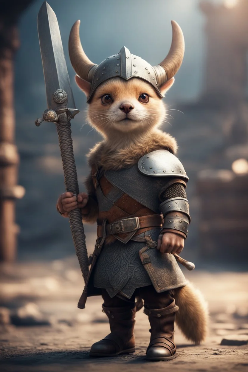 portrait of cute fast historic strong viking weasel with horned viking gauntlets, helmet & boots holding ornate viking sword in fallout 4 setting, bokeh, downlight, prize winning, depth of field, in the style of ivo caprino