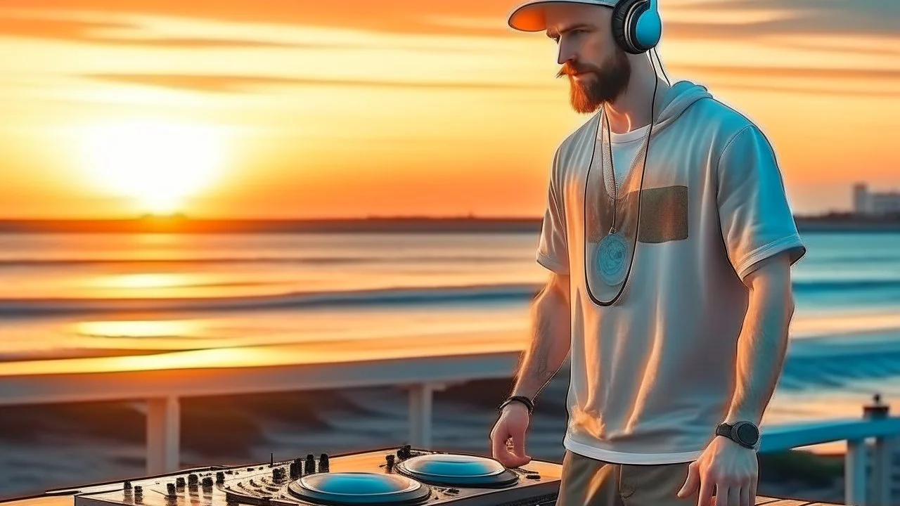 short beard man with cap, DJ play records ,at seaside background, full body, sunset