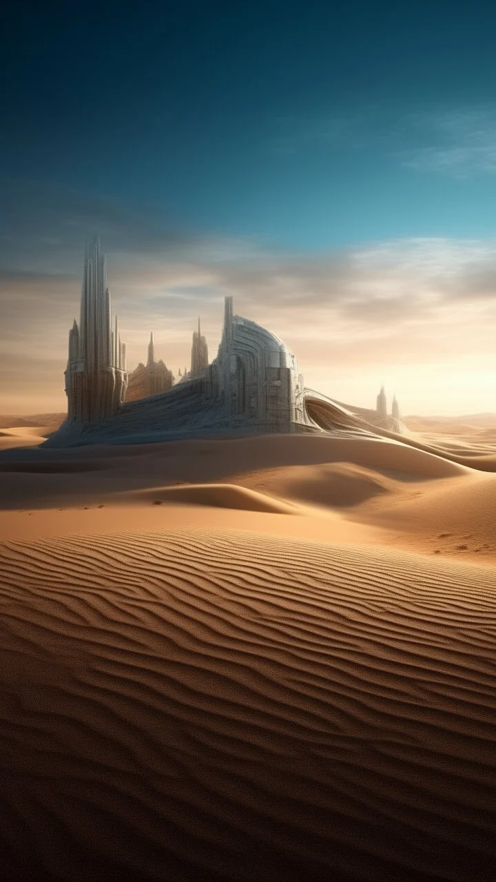 realistic photo of a landscape covered in sands that looks futuristic with futuristic lighting portals to another world