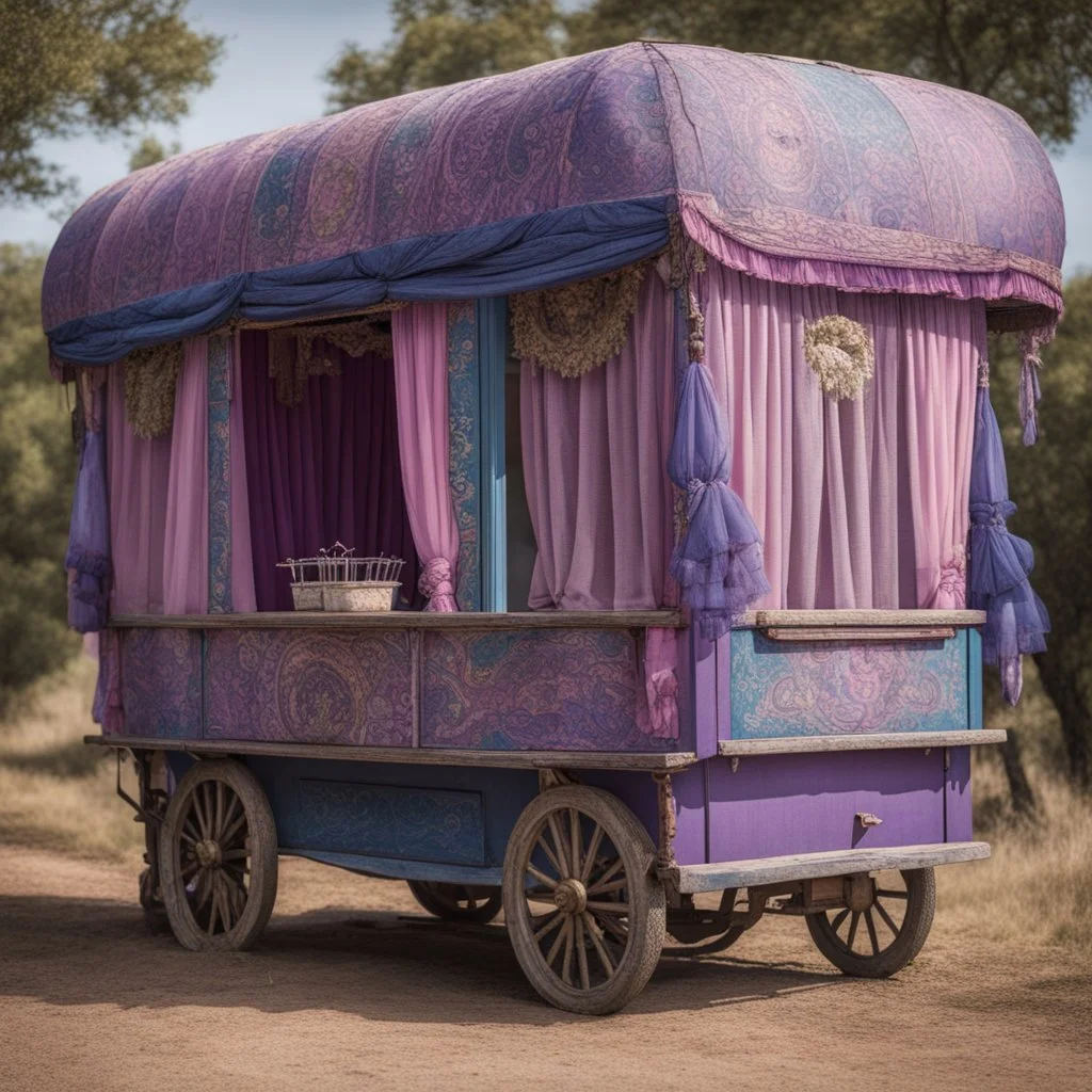 Old fashioned purple, blue and pink gypsy wagon decorated, curtains fluttering in the wind