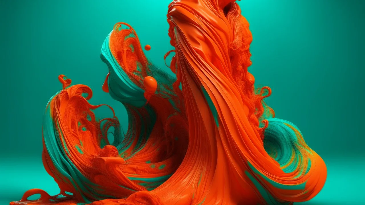 a surreal scene depicting a figure that appears to be melting and reshaping, with intricate details of flowing fabric in vibrant orange and teal, capturing the essence of morphing