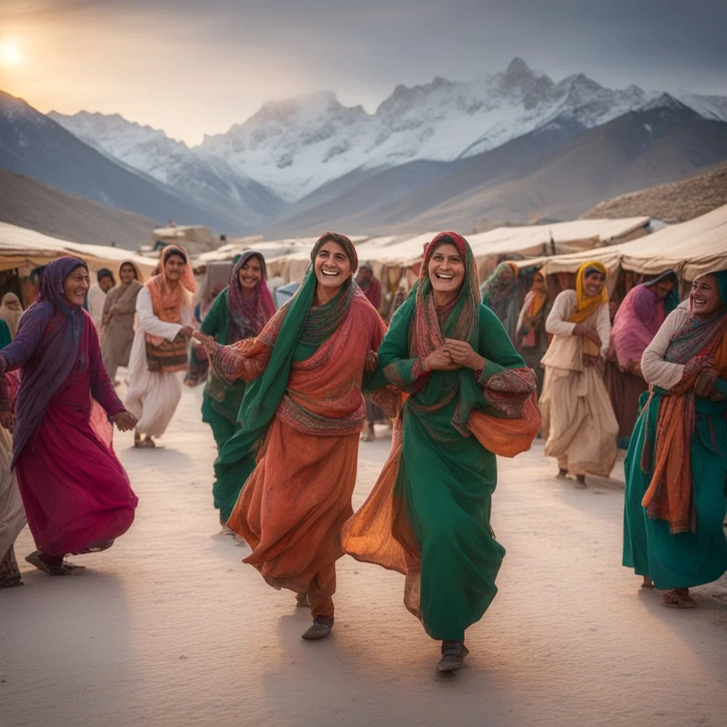 Pakistani Pukhtoon Women smiling & dancing at cloudy-sky-sunset & snowy mountains with a typical crowded village market