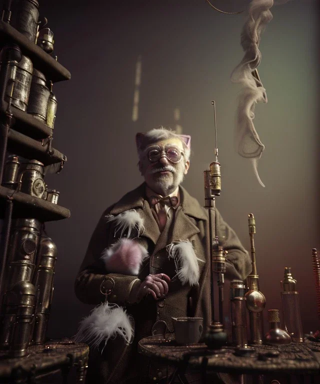 Surreal, steampunk, cabaret scene. Russian old man. Sweat, cats, Feather, smoking, happy, hot, color fog, people background, highly detailed, concept art, unreal engine 5, god rays, ray tracing, RTX, lumen lighting, ultra detail, volumetric lighting, 3d, finely drawn, high definition, high resolution.