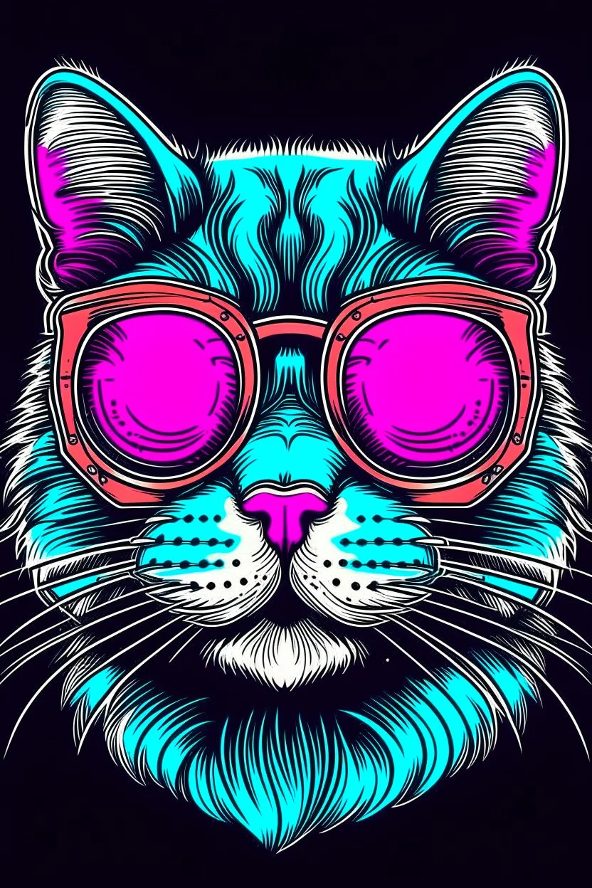 Cat wearing sunglasses, Style: Retro 80s, Mood: Groovy, Lighting: Neon Glow, T-shirt design graphic, vector, contour, white background.