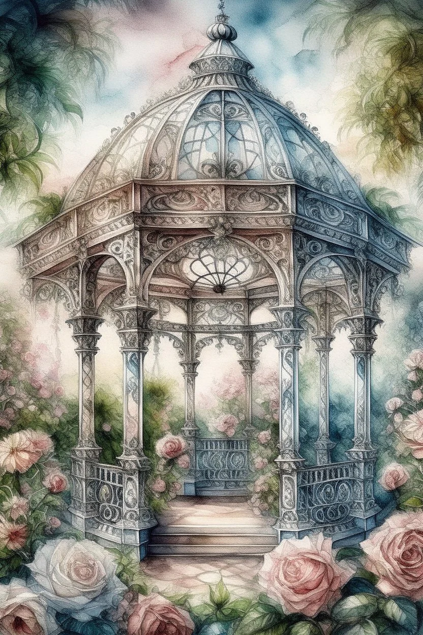 watercolor with drawing, Elegant filigree English gazebo entwined with gorgeous roses, beautiful landscape,magnificent peonies, large flowers pixel graphics, many details, subtle sensuality, realism, high quality, artwork, hyperdetalization, professionally, filigree, smoky haze, hyperrealism, transparency, delicate pastel tones, backlight, contrast, fantastic fabulous, unreal, translucent, luminous, clear lines.