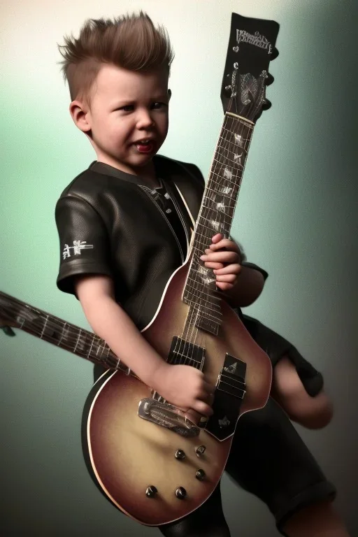 James hetfield toddler, full body, playing guitar, black leather wearing, bokeh, hyper realistic