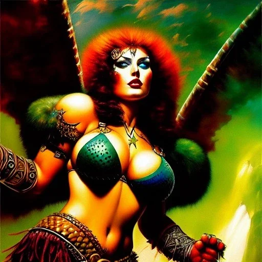 portrait oil on canvas, beautiful punk busty female Barbarian Warrior,green eyes, ,minimal armor,comic book cover, mystical colors,insanely detailed,realistic,intrincate detail, 16k resolution, masterpiece,Frank Frazetta,Alex Horley, Simon Bisley