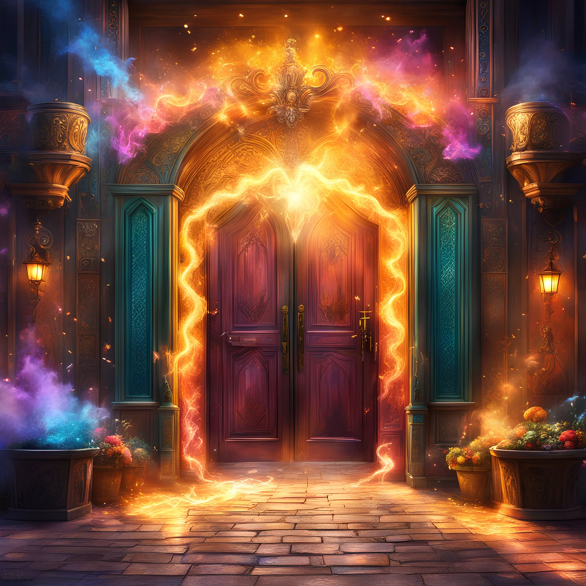 The entrance door to a magic market with magic light rays and colorfull smoke and sparks. Epic. Dramatic, highly detailed, digital painting, masterpiece