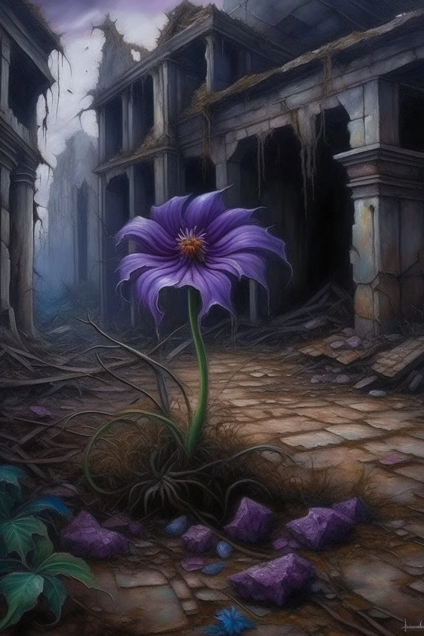 Oil painting of a purple flower amid withered and dead flowers in an abandoned garden in an abandoned palace in the ancient era