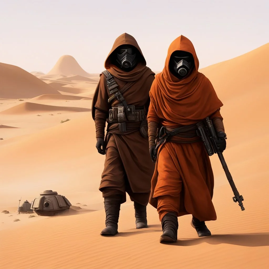 Hidden amidst the dunes, a group of Jawas merchants blended seamlessly with the arid landscape. Clad in dark orange cargo pants, the Jawas' knee-tall black military boots provided a sturdy foundation. Their faces concealed in the darkness of their hoodies, they embodied an air of mystery and intrigue.As this Jawa merchant traversed the desert, his attire spoke of both practicality and style, a fusion of function and enigma. The dark orange cargo tunic served as a beacon against the desert backdr