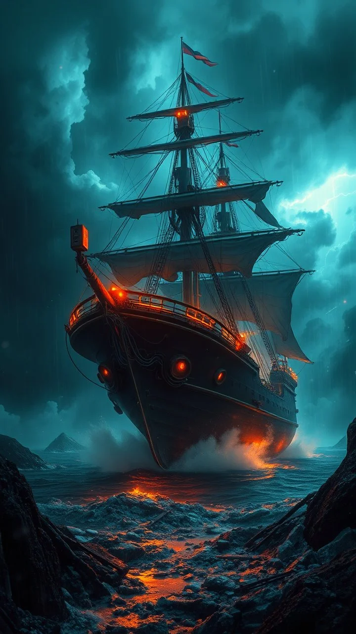 Si-Fi, The pirates ship in a storm gatmospheric lighting effects, intricate industrial details, moody atmosphere, eerie grimdark ambiance, complex motherboard accents, speculative fiction art. Bokeh